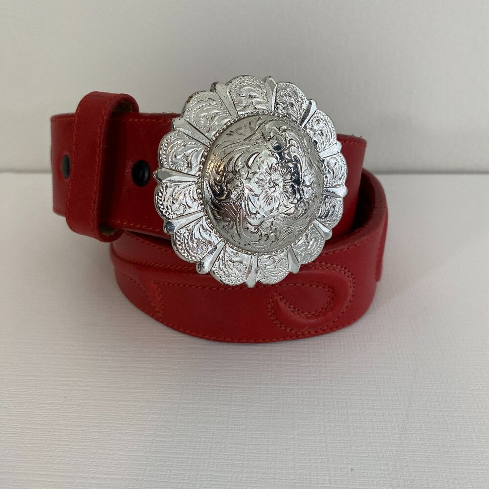 Vintage 90s Justin Red Leather Belt Silver Hardware 28"